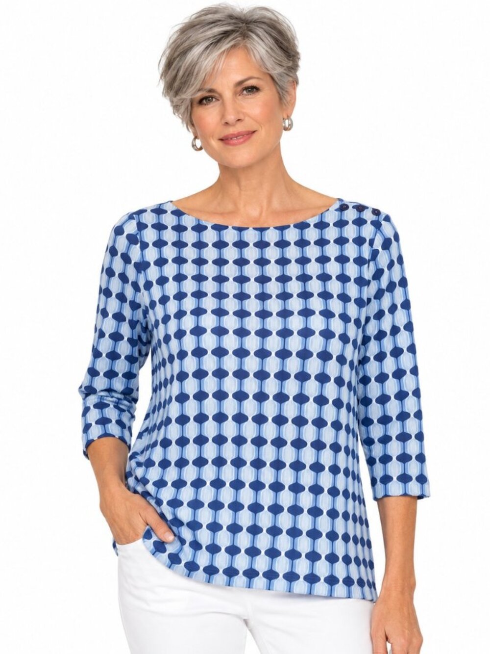 J. McLaughlin Blue Geometric Print Boatneck Top